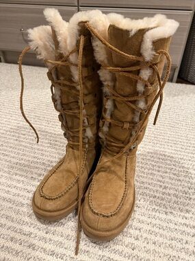 UGG Tall Suede Lace-Up Boots with Shearling - Chestnut